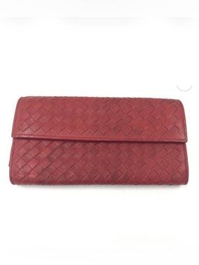 Bottega Veneta Intrecciato Woven Leather Long Flap Red Wallet